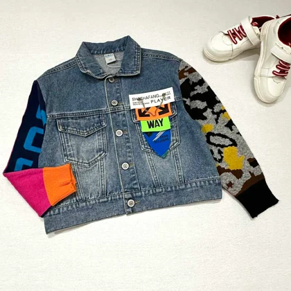 کت جین دخترانه آستین بافت طرحدار