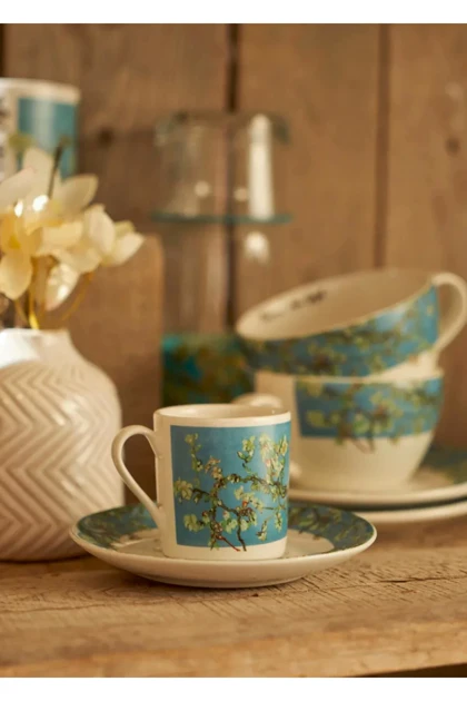 ست فنجان قهوه دو نفره Bella Maison مدل Van Gogh Almond Blossom چینی - فیروزه‌ای
