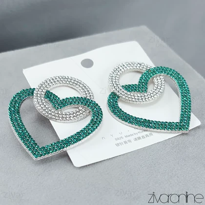 گوشواره مجلسی مدل قلب و حلقه پرنگین سبز 20301