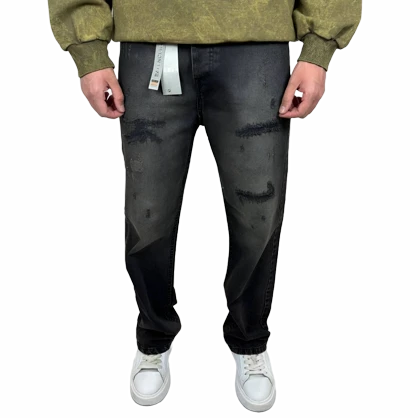 شلوار جین زاپ‌دار مردانه ذغالی با شست دارک واش