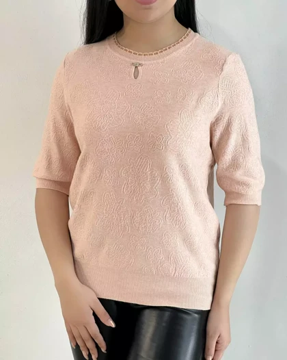 بلوز بافت آستین سه ربع یقه پاپیون کد 5297