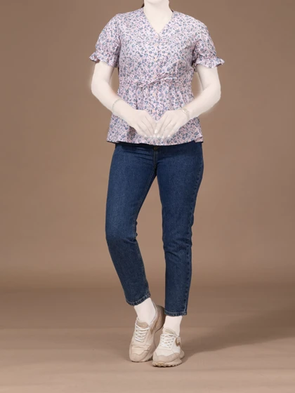 شومیز زنانه آستین کوتاه کش دوزی کتان یقه هفت کژوال نیلارز