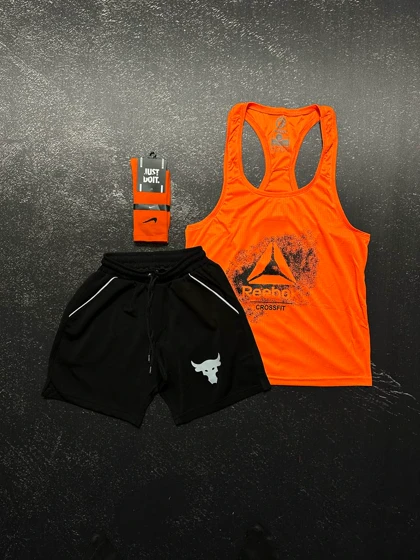 پکیج کد S575 شامل رکابی + شلوارک + جوراب با تم نارنجی مشکی