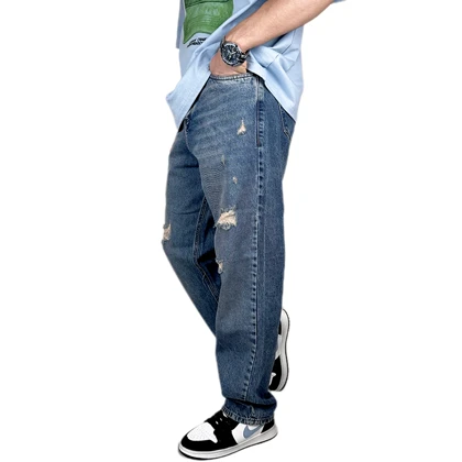 شلوار جین نیم بگ مردانه آبی طرح زاپ‌دار