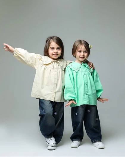 شومیز شلوار جین دخترانه رنگ کرم کد 3827