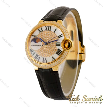 ساعت کارتیه بالن بلو زنانه فول نگین طلایی بند چرم مشکی Cartier-5266-L