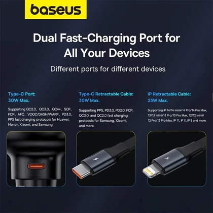 شارژر فندکی فست شارژ بیسوس Baseus مدل C0203100 توان 60 وات با کابل