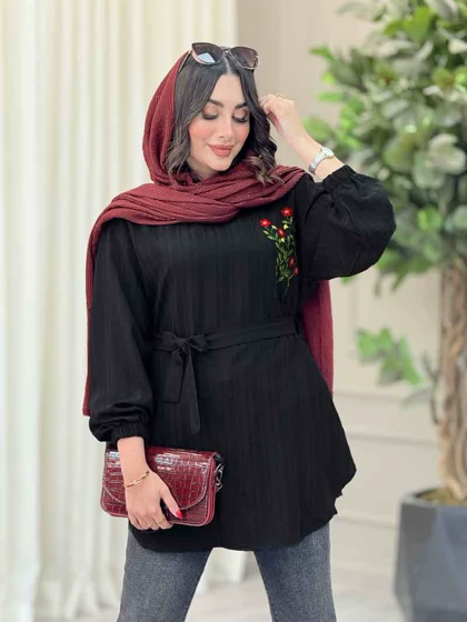 مانتو گلدوزی جلوبسته کمردار