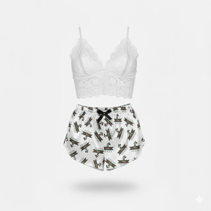 ست نیم‌تنه گیپور و شلوارک طرح گوچی 024