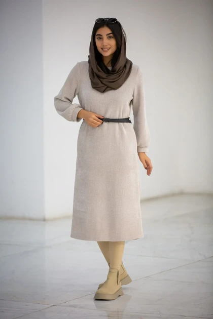 پالتو بلند کفتان زنانه یقه گرد بیسکوییتی