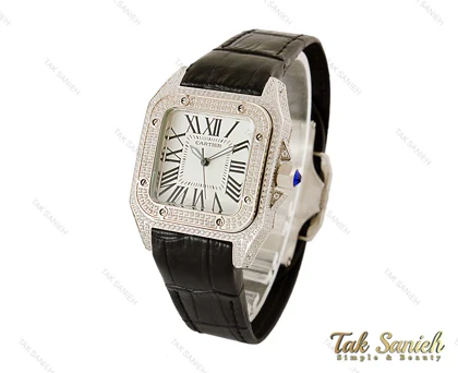 ساعت کارتیر سانتوس زنانه نگین‌دار بندچرم مشکی Cartier-4081-L