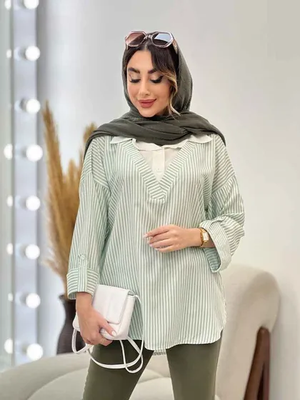 شومیز راه راه ترکیبی جلو بسته