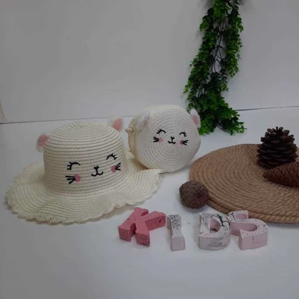 کلاه وکیف حصیری دخترانه طرح گل وطرح لبخند