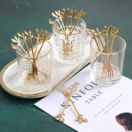 چنگال 6 عددی طلایی طرح برگ