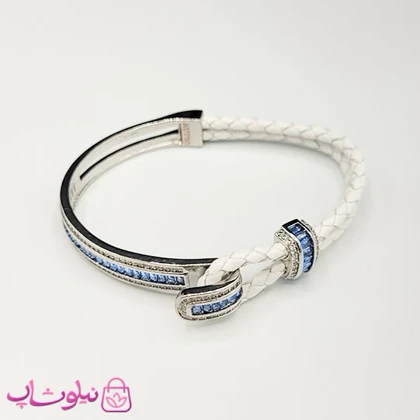 دستبند زنانه بولگاری مدل چرم استیل آبی سفید نقره ای کیفیت مستر کد 1600