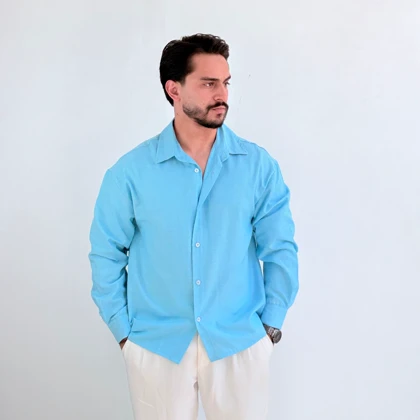 پیراهن آستین بلند مردانه آبی مدل پری