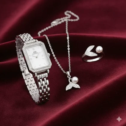 ست زنانه ساعت و گردنبند و انگشتر مدل مروارید -نقره ای ویژه