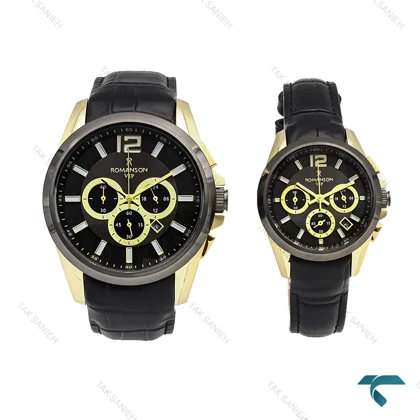 ست ساعت رومانسون سه موتوره طلایی مشکی بند چرم Romanson-5941-S