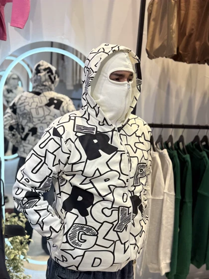 هودی نینجایی سفید طرحدار پارچه دورس گرم بالا