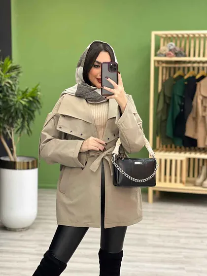 بارانی آستین و یقه پرچ دار