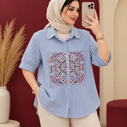 شومیز راه راه گلدوزی شده وارداتی کد 6075