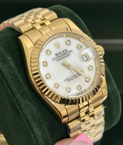 ساعت رولکس دیت جاست زنانه تمام طلایی صفحه سفید ایندکس نگین Rolex Datejust