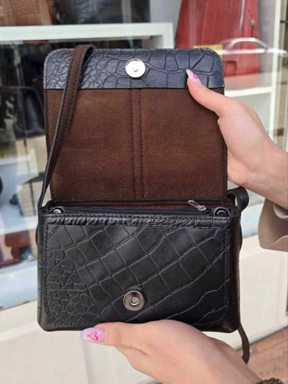 کیف چرم بغل پرچ مشکی سنگی چرم اصل گاوی