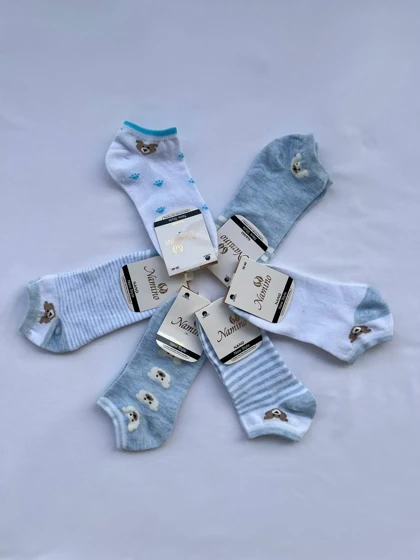 جوراب مچی دخترانه سفید آبی خرسی 20004