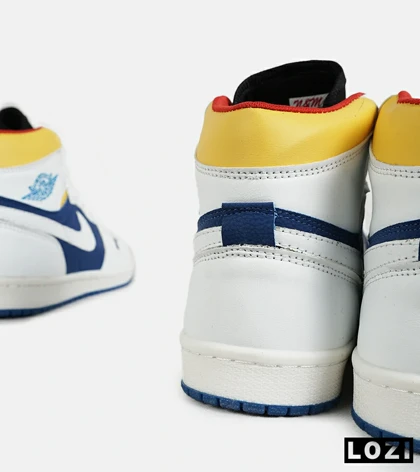 کفش کتانی مردانه و زنانه ساق‌دار سفید آبی زرد NIKE jordan 1