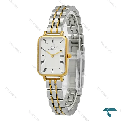 ساعت DW زنانه مستطیلی دورنگ طلایی ایندکس یونانی DW-5628-L