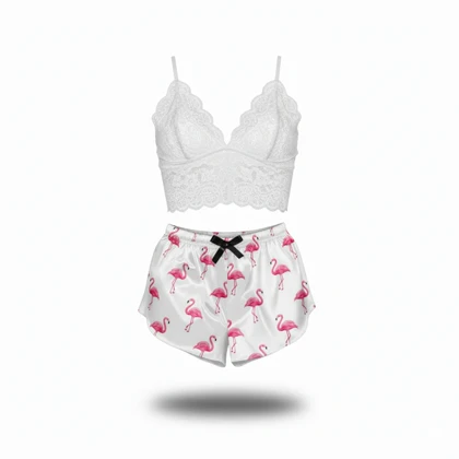 ست نیم‌تنه گیپور و شلوارک طرح فلامینگو 022