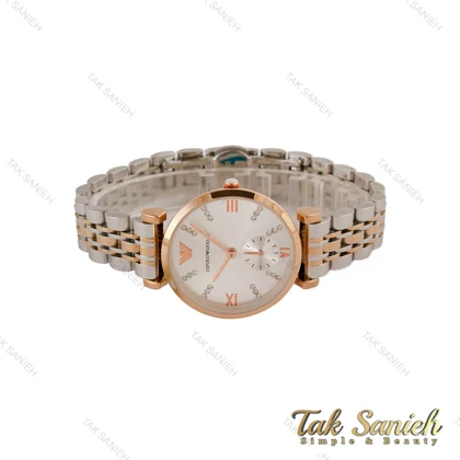 ساعت امپریو آرمانی زنانه دورنگ رزگلد صفحه سیلور زیرثانیه Armani-5125-L