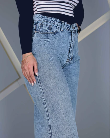 شلوار ایزی بگ آبی روشن زنانه قد 84 Easy Baggy Wide Leg Jeans کد 60900