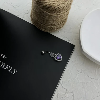 پیرسینگ ناف استیل نگین قلب بنفش