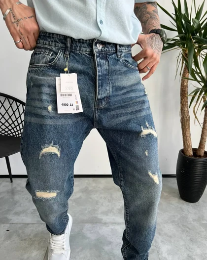 شلوار مام فیت آبی تیره ZARA