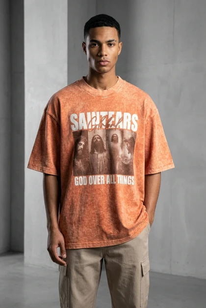 تیشرت سنگشور لش رنگ آجری با طرح خاص هنری کد 754