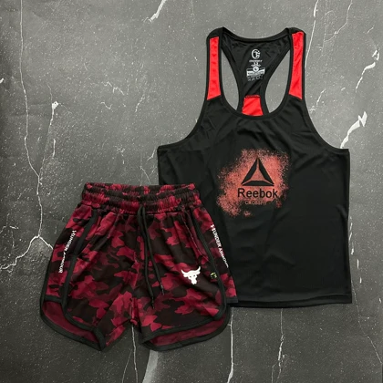 پکیج کد S155 شامل رکابی + شلوارک راک با تم مشکی قرمز