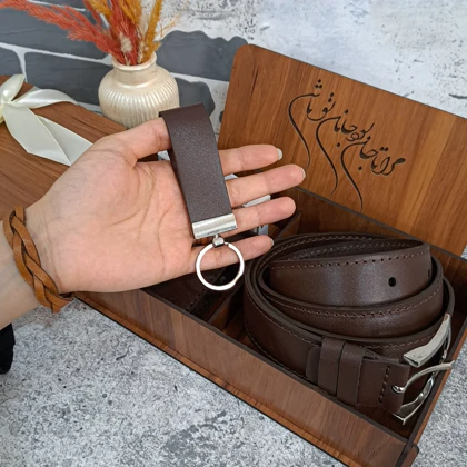 ست هدیه چرم مردانه چرم طبیعی کیف پول و کمربند مدل 3تیکه جیبی قهوه ای ساده