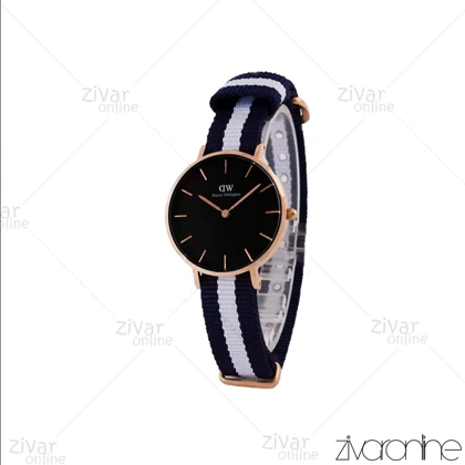 ساعت دنیل ولینگتون زنانه قاب رزگلد صفحه مشکی بند سفید سرمه ای 104975