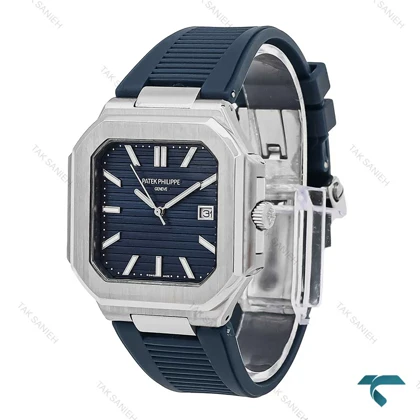 ساعت پتک فیلیپ Cubitus مردانه نقره ای بند رابر سرمه ای Patek-6928-G