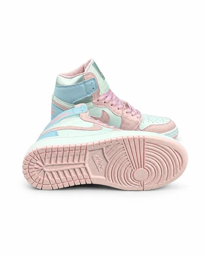 کفش کتانی زنانه مدل جردن وان ساق‌دار آبی سفید صورتی Nike jordan1