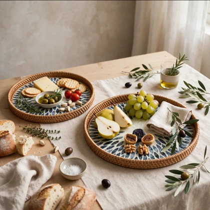 ست دو عددی سینی حصیر بافت گرد طرح مینمیال