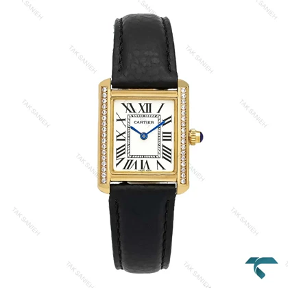 ساعت زنانه کارتیه تانک طلایی دورنگین بند چرم مشکی Cartier-7217-L
