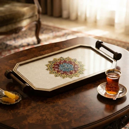 سینی چوبی دور خاتم کار دست کد m0324 گالری ساعت ضرابی