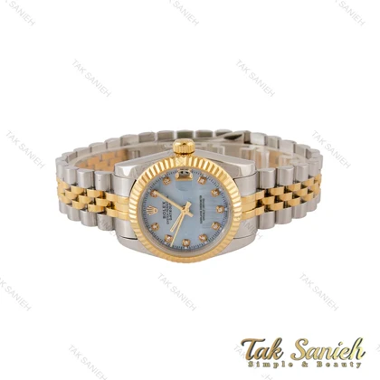 ساعت رولکس زنانه دورنگ طلایی صفحه آبی صدفی مدیوم Rolex-5042-M-L