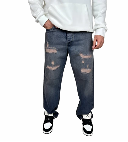 شلوار جین مردانه بگ (Baggy Fit) - آبی تیره زاپ‌دار - فیت آزاد و لش