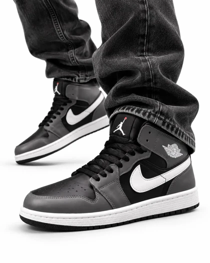 کفش کتانی مردانه مدل جردن وان ساق‌دار طوسی مشکی سفید Nike jordan1