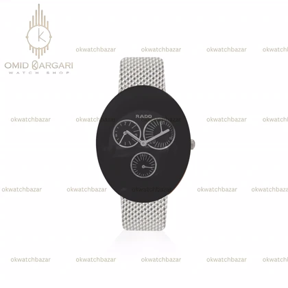 ساعت مچی رادو تخم مرغی فول دیت بند حصیری صفحه مشکی Rado