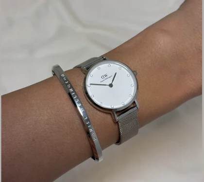 ست ساعت دنیل ولینگتون حصیری زنانه نقره ای صفحه سفید اندکس نگین با دستبند Daniel Wellington Silver