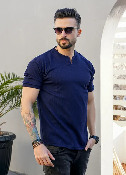 تیشرت آستین کوتاه یقه کوبایی سرمه ای مدل Asam